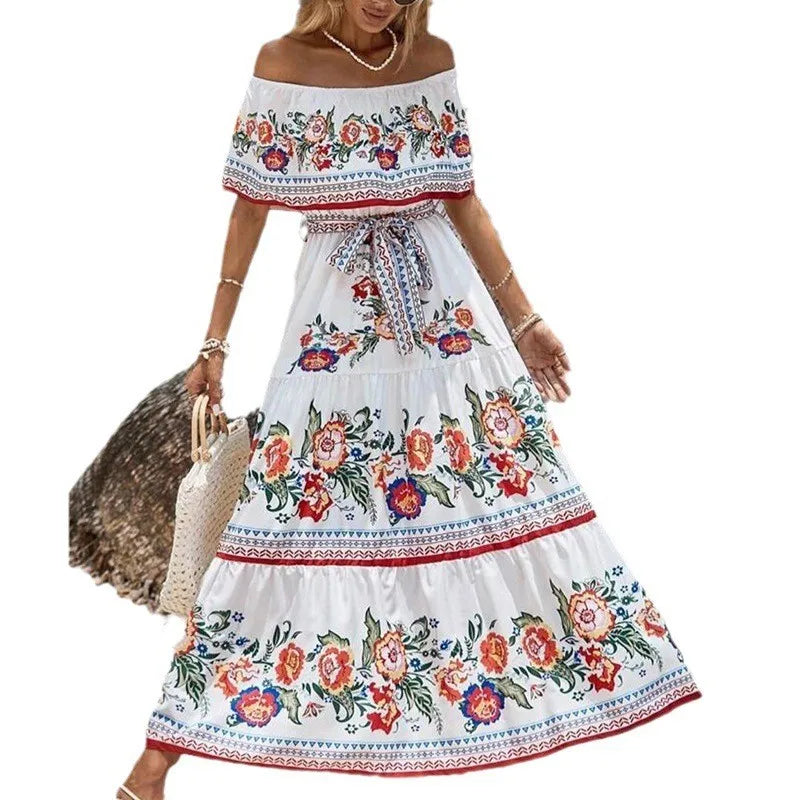 Off-shoulder Long Ruffled Peasant Dress