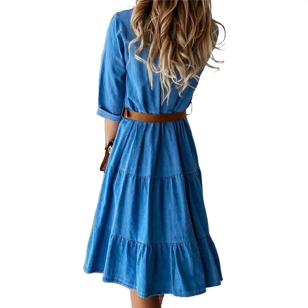 Blue Denim Shirt Dress – Tiered Ruffle Skirt & Three-Quarter Sleeves