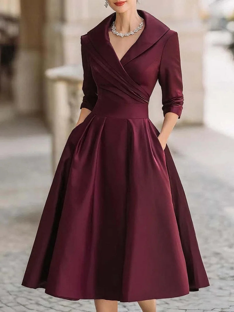 Classy Classic Lapel Cross Pleated Waist A-shaped Midi Dress Burgundy Bazaare Mart Classic Midi Dress