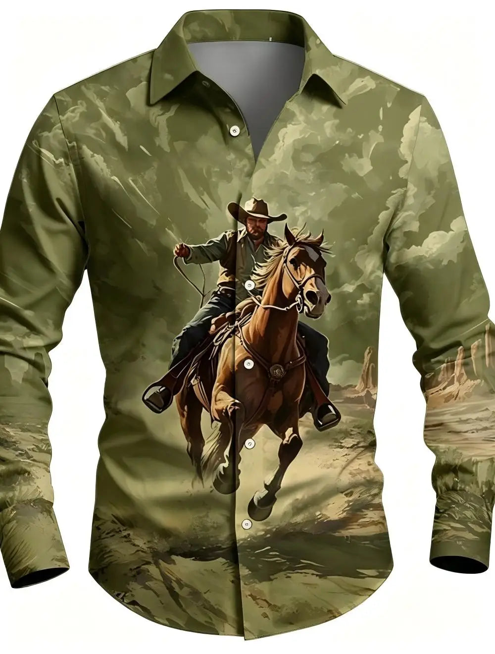 Men's Western Cowboy Riding Shirt – 3D Printed Long Sleeve Button-Up