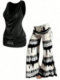 Plus Size Tie-Dye Sleeveless Top & Wide-Leg Pants 2-Piece Set – Casual Resort Outfit black Bazaare Mart Sleeveless Pants Outfit