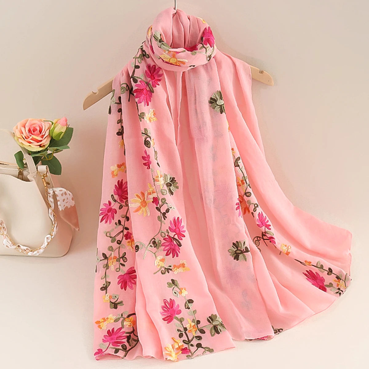 Women’s Cotton Linen Style Embroidered Scarf Shawl – Lightweight Floral Travel Wrap Pink Bazaare Mart Silk Scarf
