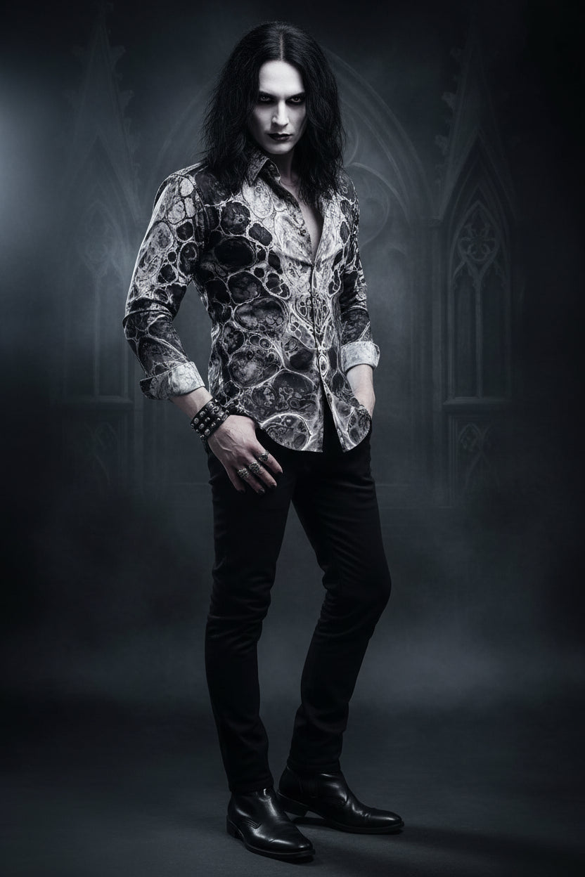 A men's long-sleeve button-up shirt with a black and white marble or lava-like abstract pattern, shown on a dark studio background.