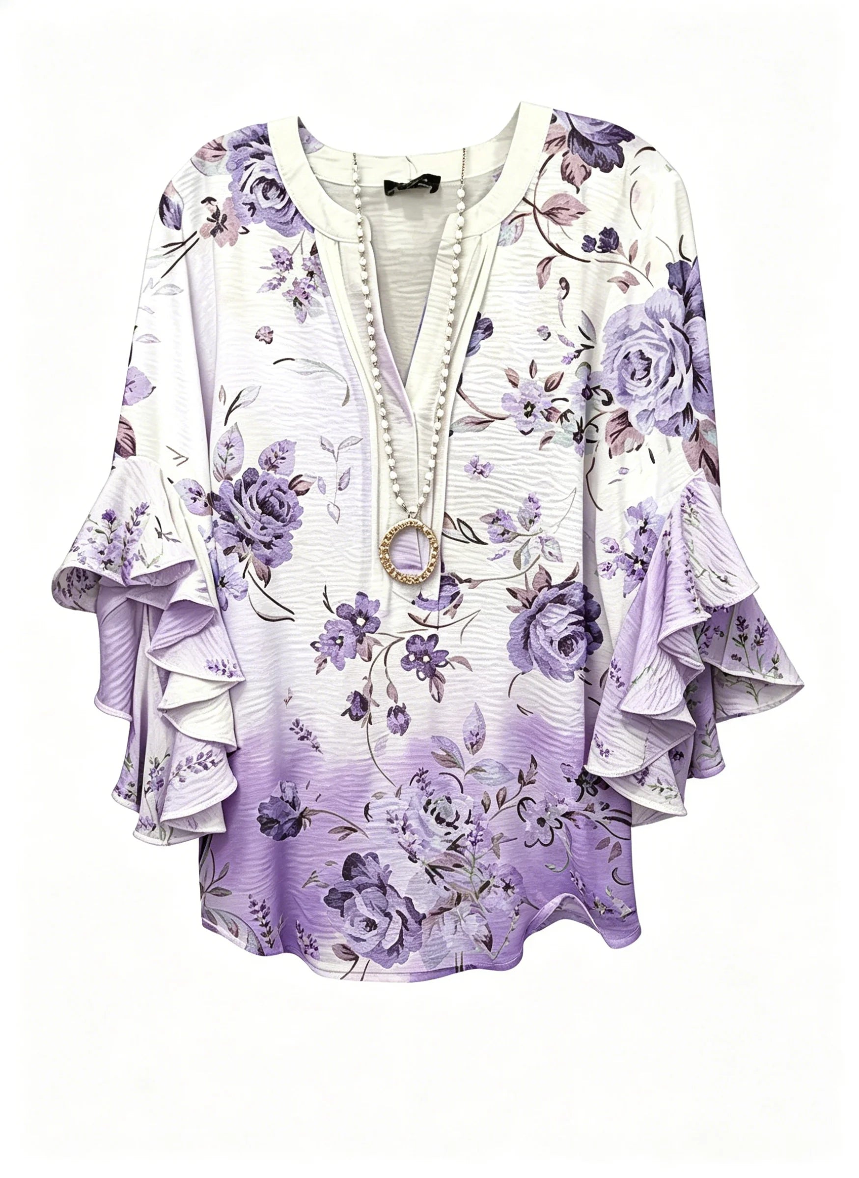 Women's Floral Ruffle Sleeve Blouse | Elegant V-Neck 3/4 Sleeve Top Purple Bazaare Mart Ruffle Sleeve Blouse