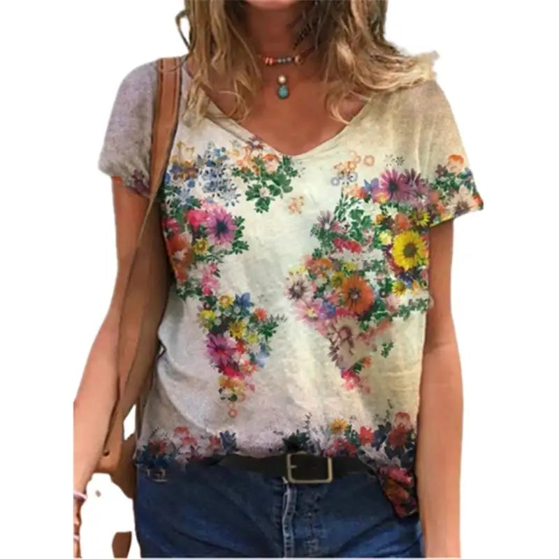 Women's Floral 3D Print V-Neck T-Shirt