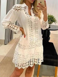 Spring Summer Lace Hollowed Out Patchwork Shirt Women's Dress Sexy Elegant Female 2 Piece Suit With Inner Strap Anti Slip Dress WHITE Bazaare Mart