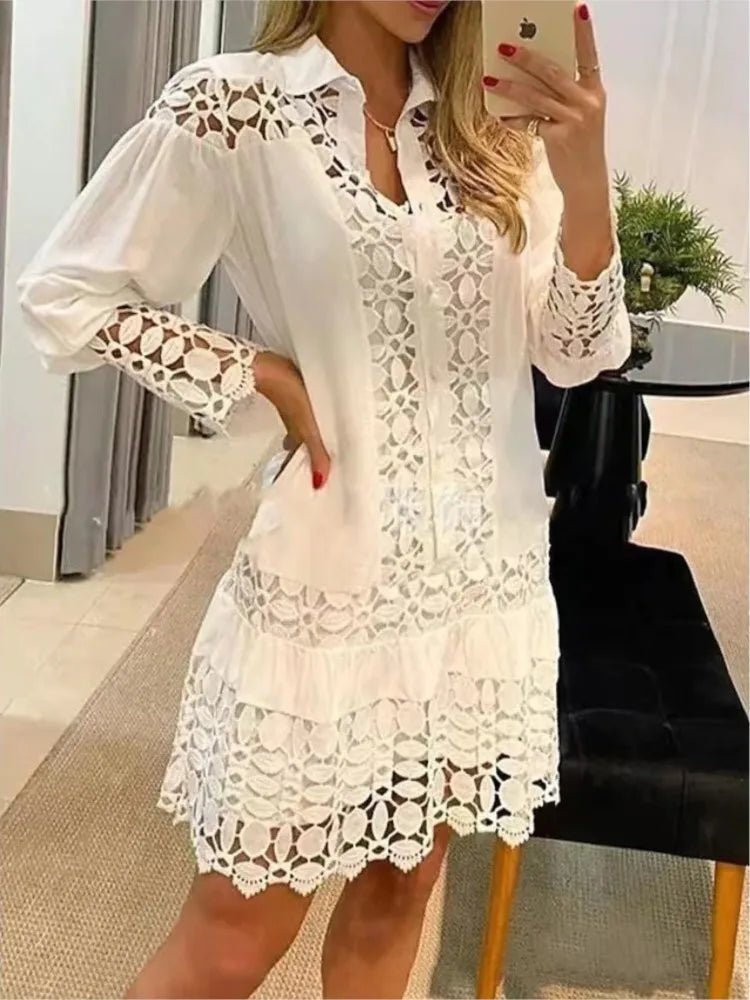 Spring Summer Lace Hollowed Out Patchwork Shirt Women's Dress Sexy Elegant Female 2 Piece Suit With Inner Strap Anti Slip Dress WHITE Bazaare Mart