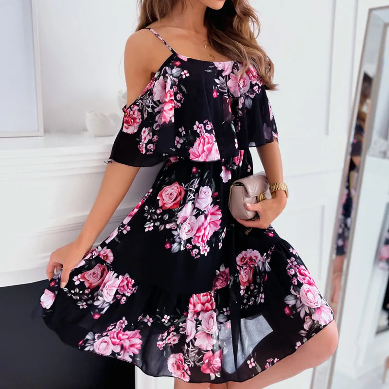 Women's Summer V-Neck Sleeveless Sling Camisole Commuting Printed Chiffon Bohemian Floral Dress For Women A Bazaare Mart