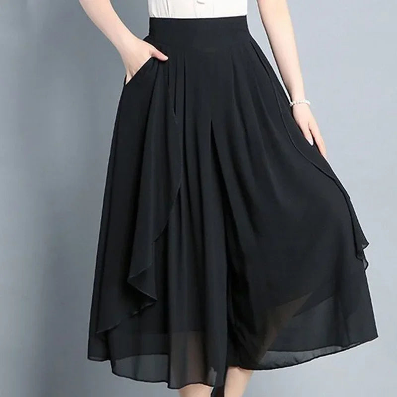Elegant Solid Color Loose Elastic High Waist Folds Ruffles Capris Women's New Office Lady Commute Irregular Casual Pants Bazaare Mart