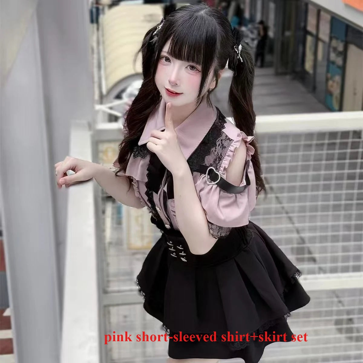 Dark Sweet Heart Ground Type Lolita Set, Ruffle Sleeve Top & A-line Skirt, Cute Kawaii Japanese Style Gothic Coord Outfit S-XL Short-sleeved set 1 Bazaare Mart