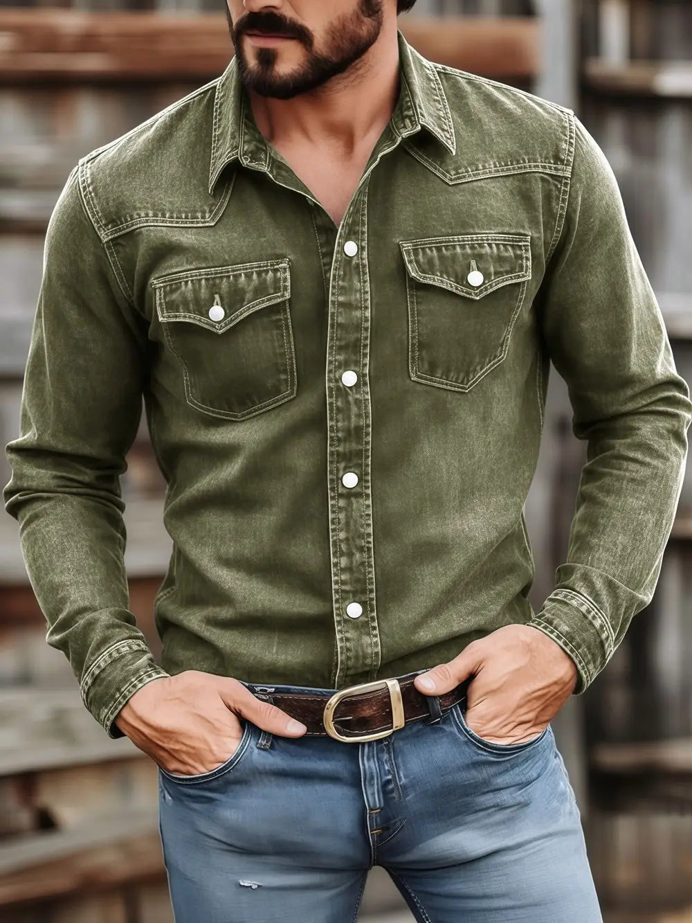Men's Vintage Washed Denim Button Up Shirt