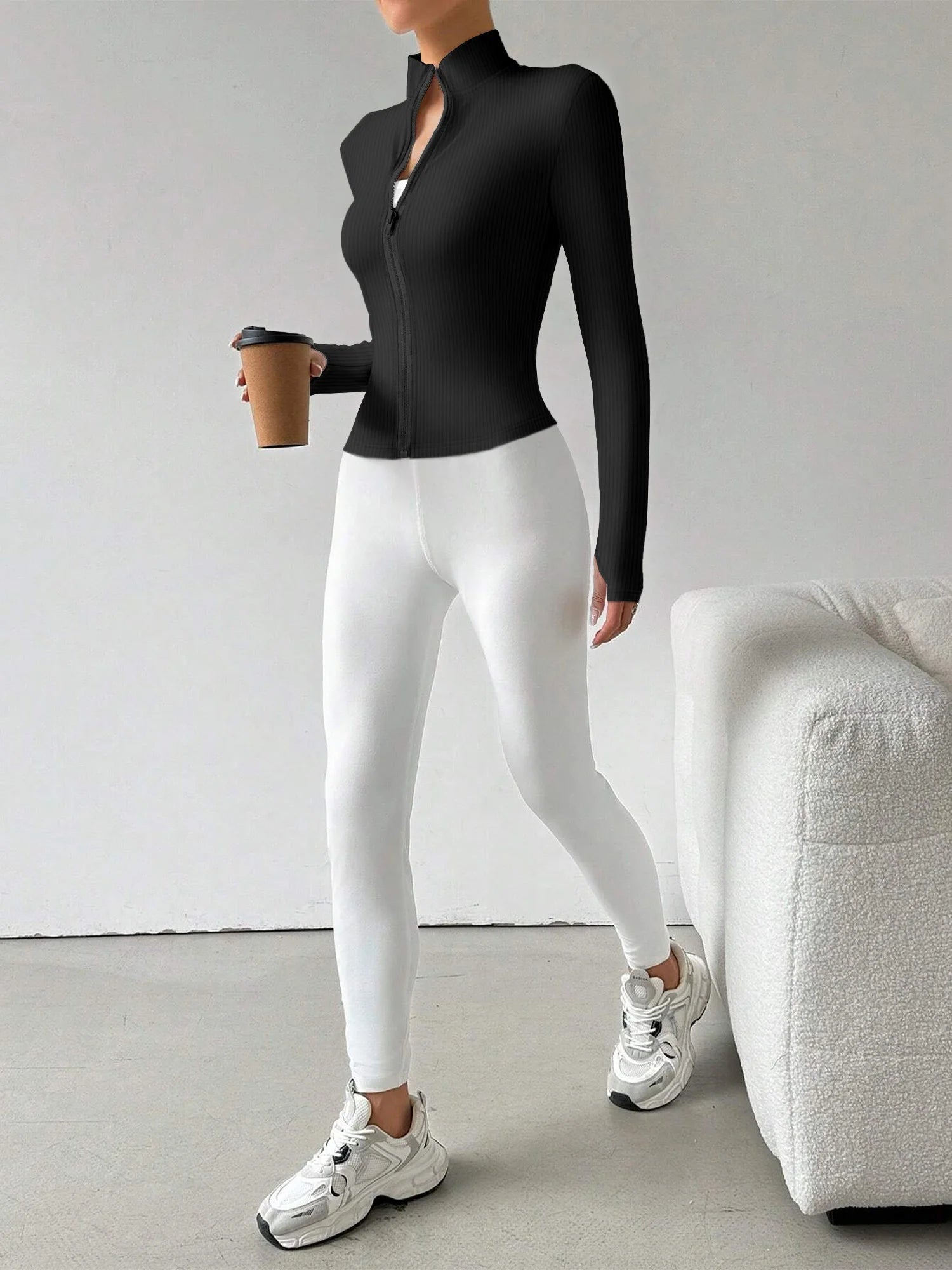 Ribbed Knit Zip-Up Crop Active Fit Jacket with Stand Collar