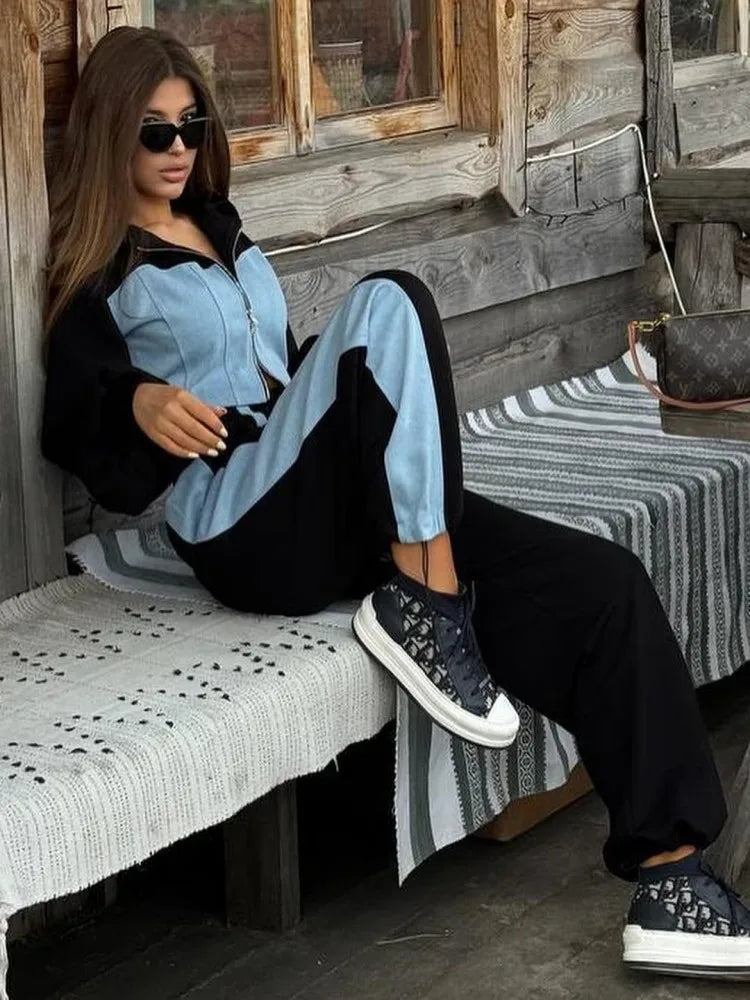 Color Block 2pc Cropped Hoodie Wide Leg Tracksuits
