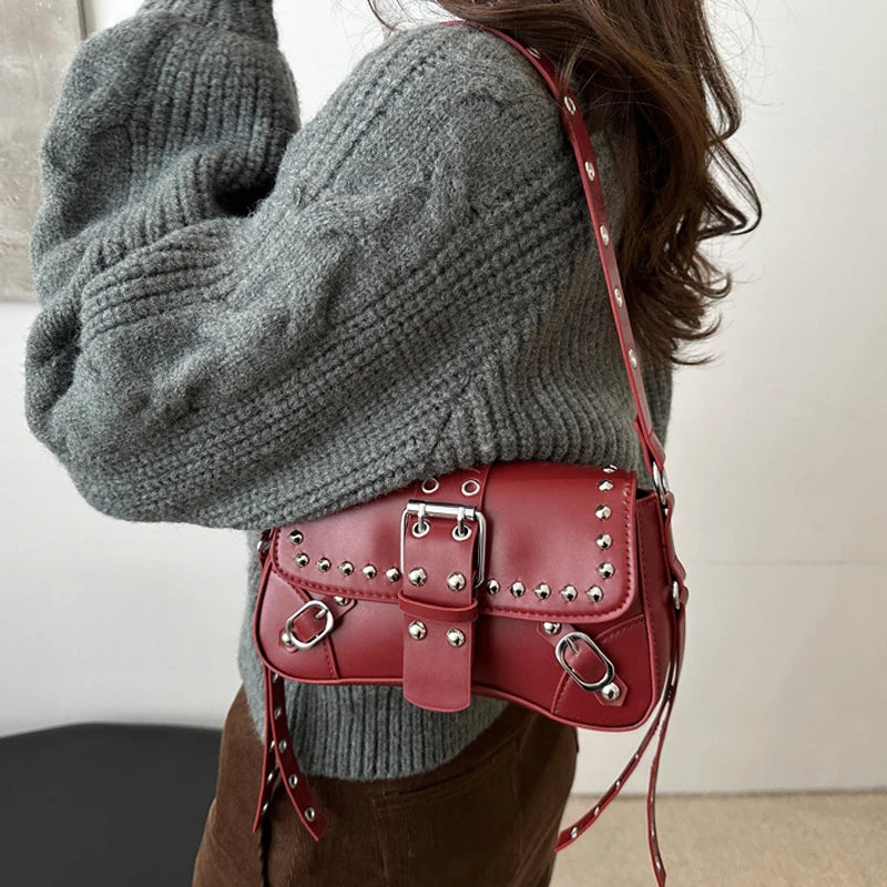 Studded Baguette Shoulder Bag – Faux Leather Punk Rock Shoulder Purse with Buckle & Rivet Details Bazaare Mart Shoulder Purse