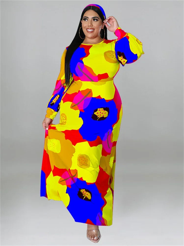 Colorful Long Sleeve Large Print Flower Maxi Dress Yellow Bazaare Mart Colorful Long Sleeve Large Print Flower Maxi Dress