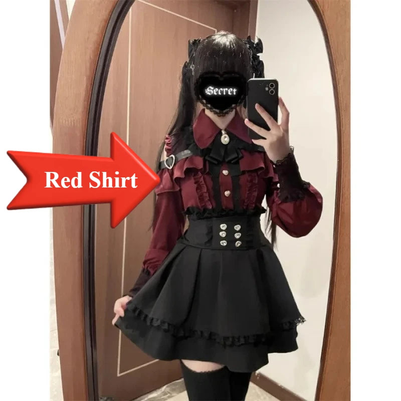 Dark Sweet Heart Ground Type Lolita Set, Ruffle Sleeve Top & A-line Skirt, Cute Kawaii Japanese Style Gothic Coord Outfit S-XL red Shirt Bazaare Mart