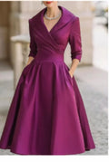 Classy Classic Lapel Cross Pleated Waist A-shaped Midi Dress Fuchsia Bazaare Mart Classic Midi Dress