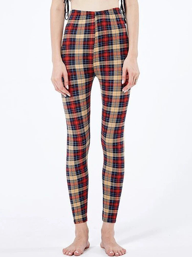 Women's Printed Leggings – Stretch Ankle-Length Fashion Leggings with Unique Pattern Designs PD187Khaki grid Bazaare Mart Leggings