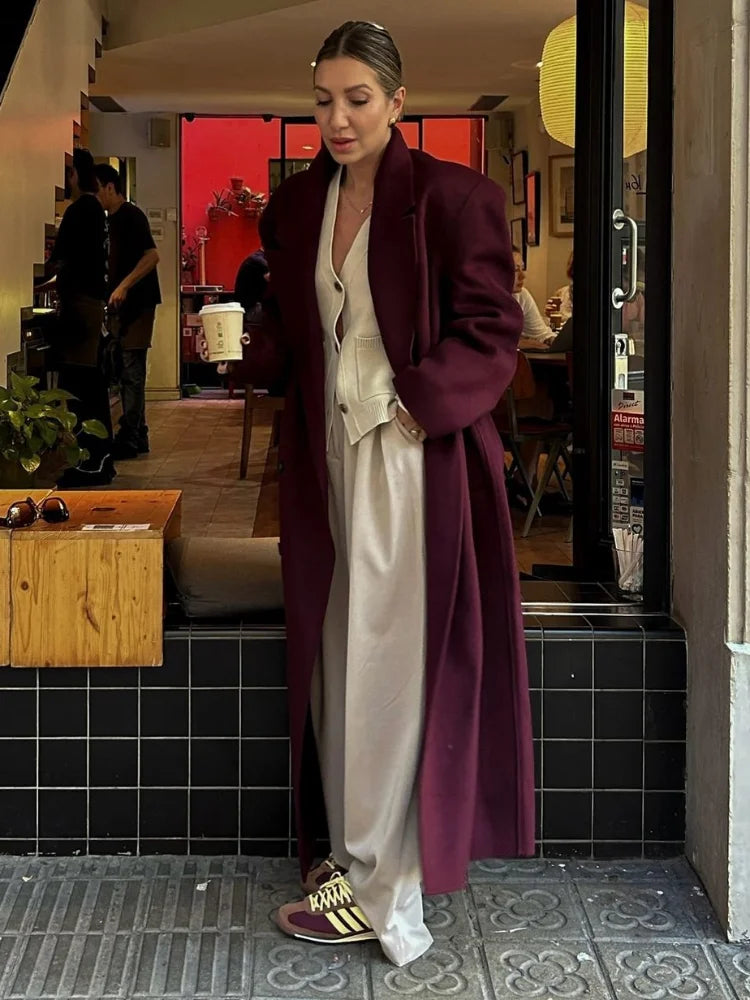 Burgundy Double Breasted Long Wool Overcoat