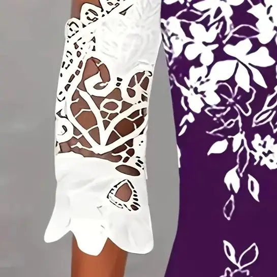 Large size women's fashionable temperament lace patchwork V-neck print off shoulder sleeves lace patchwork top Bazaare Mart