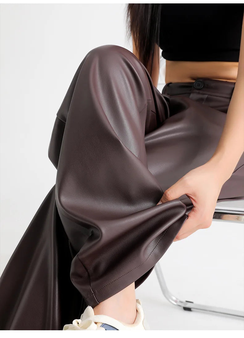 Winter Fleece PU Leather Wide Leg Pants Bazaare Mart Winter Fleece PU Leather Wide Leg Pants
