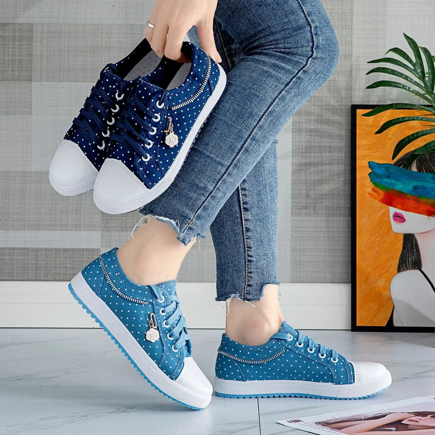 Unique Hollow Mesh Polka Dot Denim Sneakers