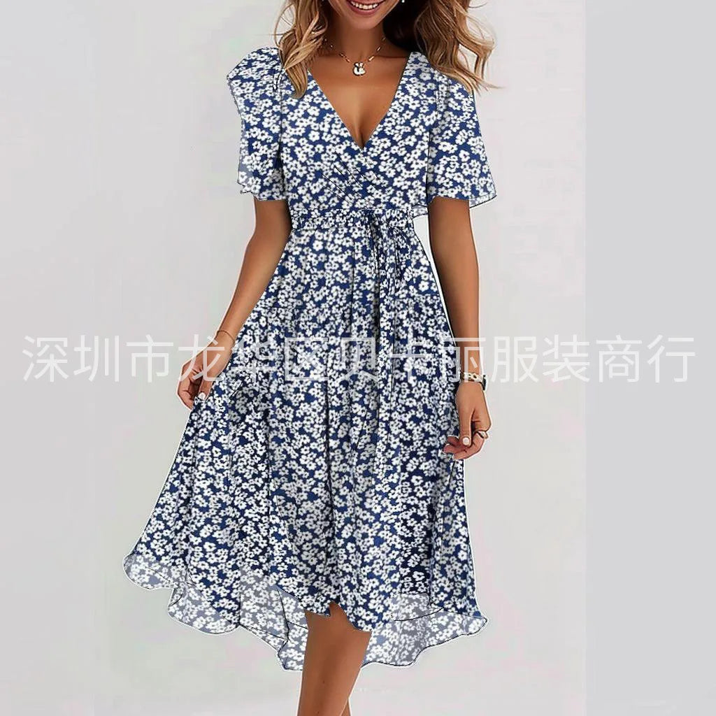 Elegant Floral Surplice Midi Dress Blue white fprint 10 Bazaare Mart Surplice Midi Dress