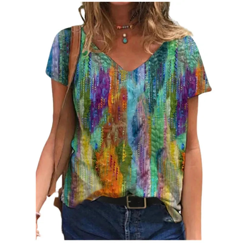 Women's Floral 3D Print V-Neck T-Shirt