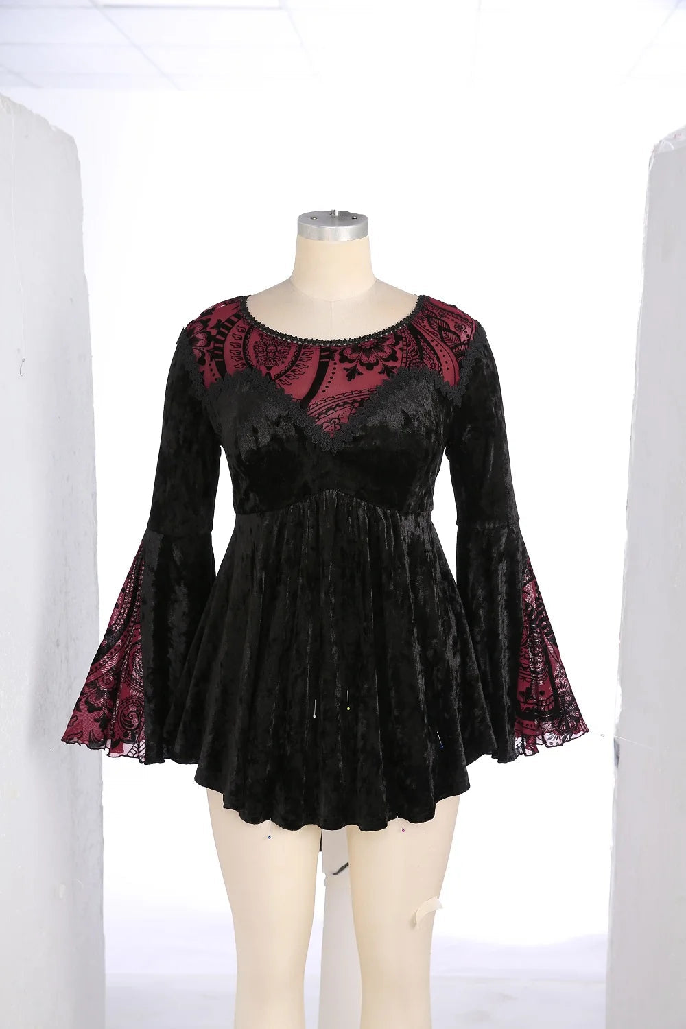 Black Velvet Red Paisley Lace Trim Long Flare Sleeve Top Bazaare Mart Red & Black Gothic Blouse