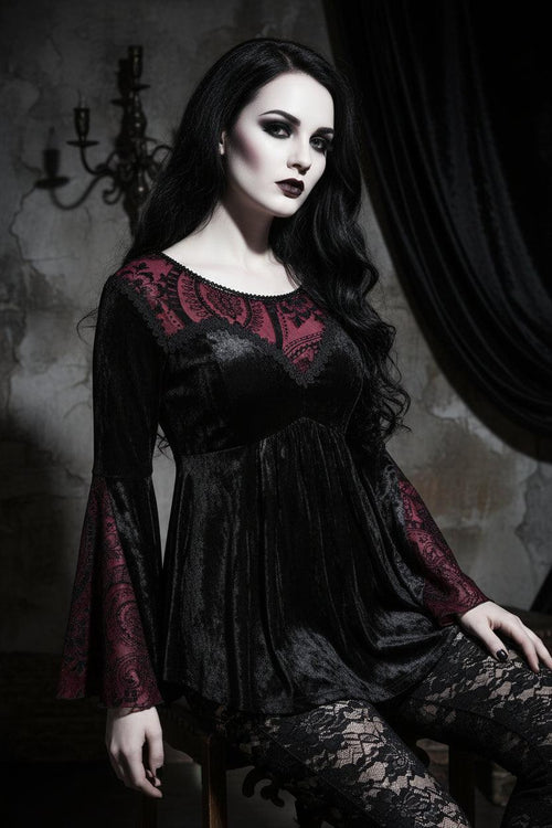 Black Velvet Red Paisley Lace Trim Long Flare Sleeve Top Bazaare Mart Red & Black Gothic Blouse