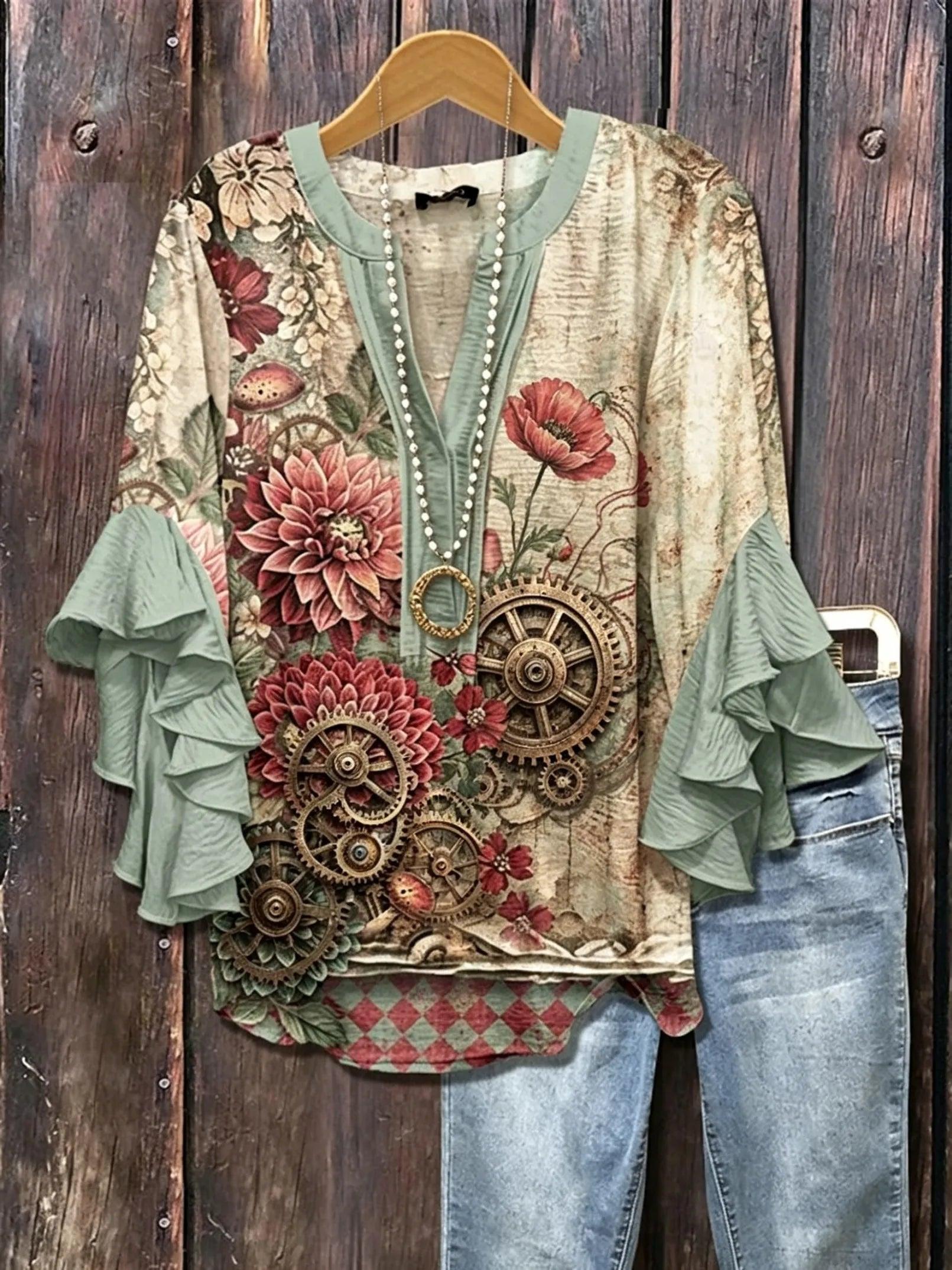 Women's Steampunk Floral Print V-Neck Ruffle Sleeve Blouse | Vintage Botanical Casual Top HCHLD20263019K Bazaare Mart Floral Blouse