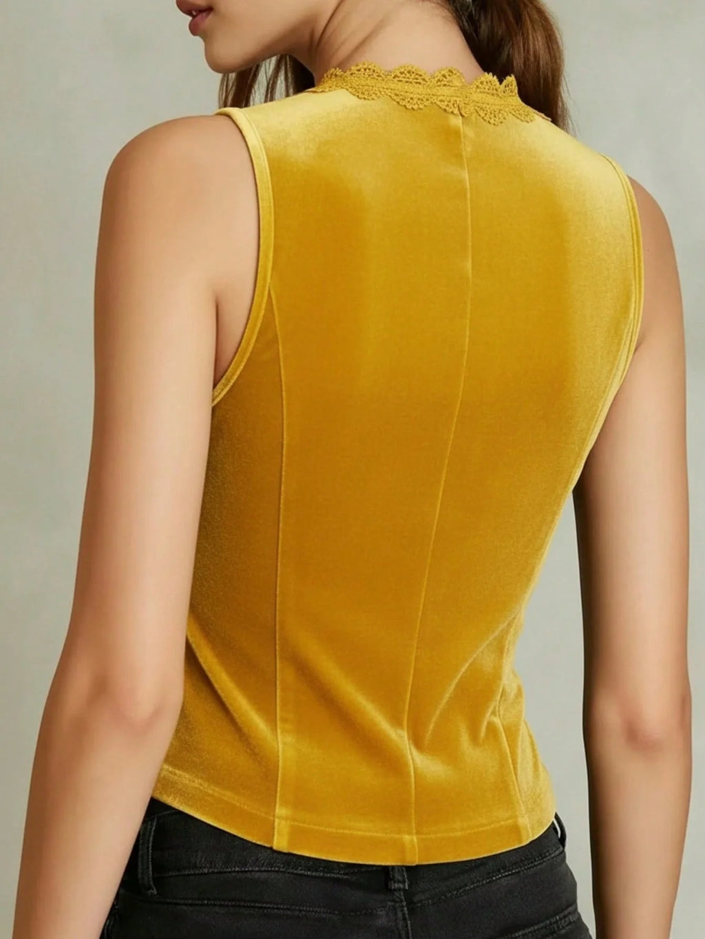 Women's V-Neck Velvet Vest with Lace Trim and Button Design
