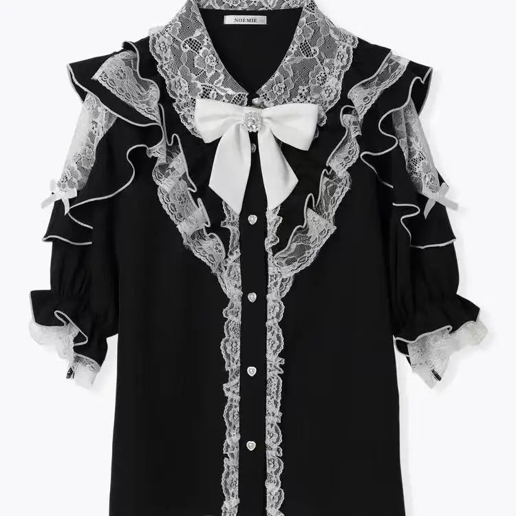 Dark Sweet Heart Ground Type Lolita Set, Ruffle Sleeve Top & A-line Skirt, Cute Kawaii Japanese Style Gothic Coord Outfit S-XL short sleeve shirt13 Bazaare Mart