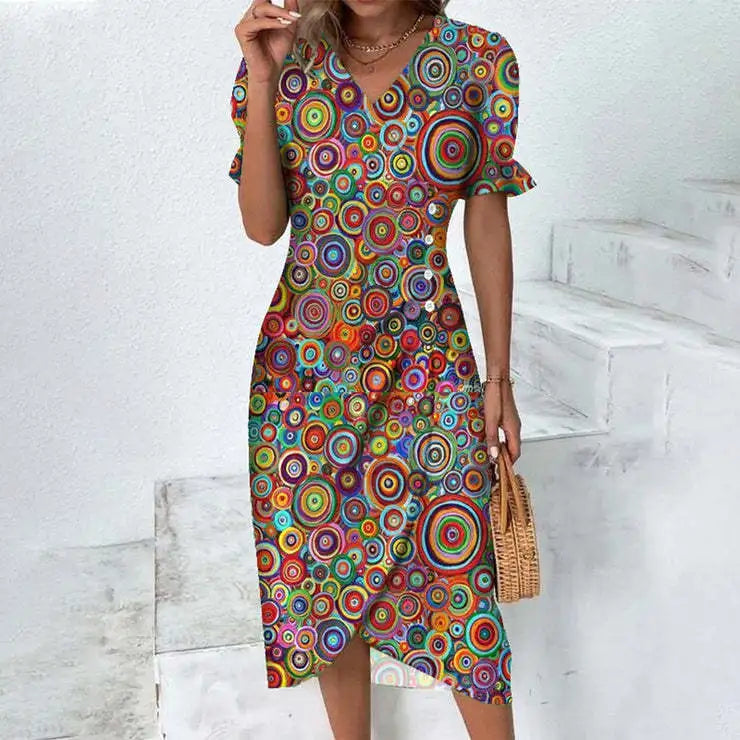 Elegant Printed Puff Sleeve V-neck Wrap Dress