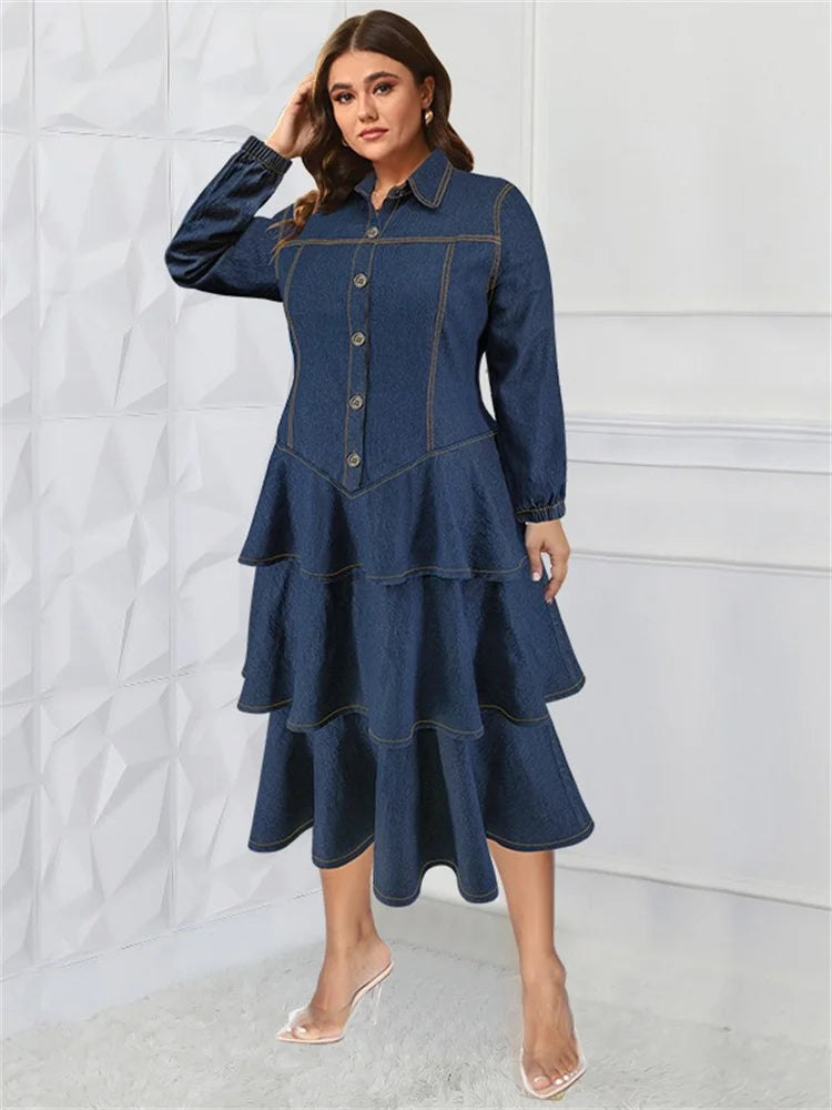 Blue Denim Tiered Ruffle Midi Dress