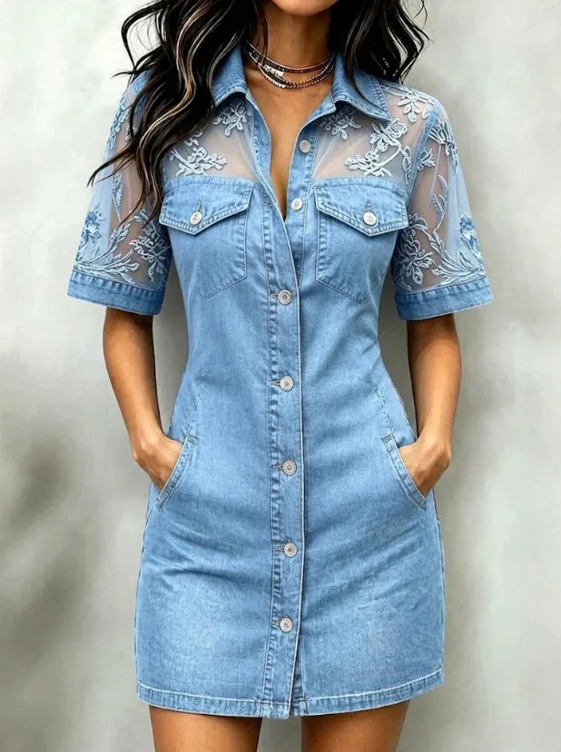 Patchwork Lace Denim Mini Dress