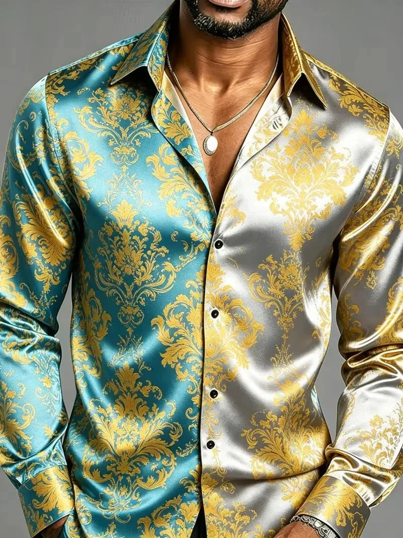 Men's Satin Baroque Print Button-Up Shirt – Long Sleeve Luxury Dress Shirt