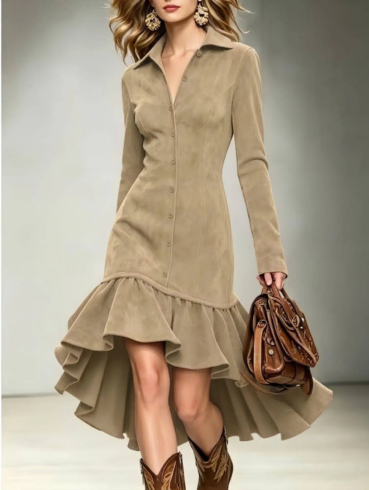 Faux Suede High-Low Shirt Dress – Ruffle Hem Button-Front Midi Dress