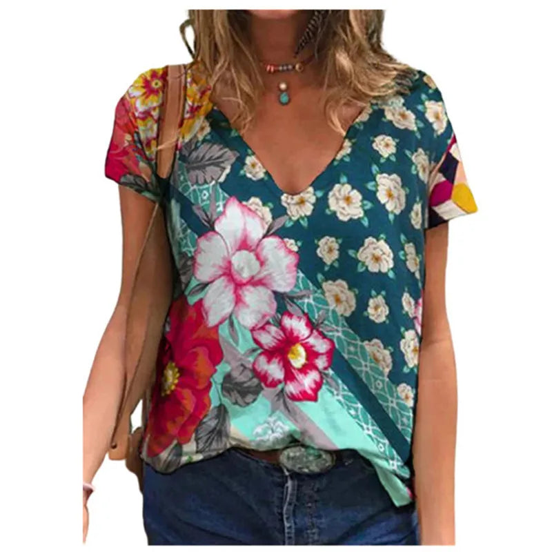Women's Floral 3D Print V-Neck T-Shirt