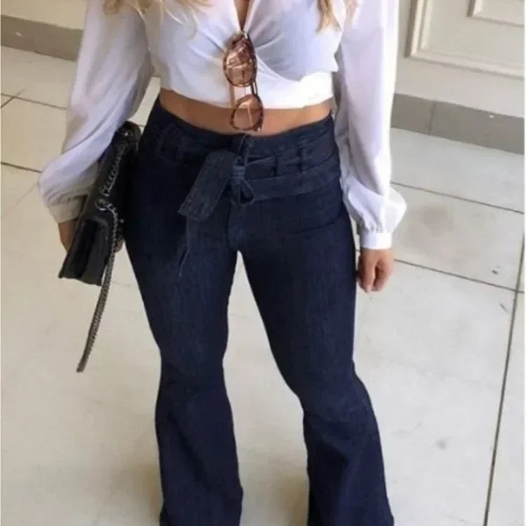 Women's High-Waist Flare Jeans – Slight Stretch Denim Pants with Button Detail and Pockets Bazaare Mart Denim Jeans