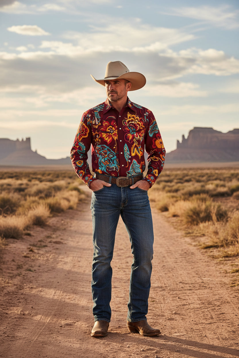 A long-sleeve button-up shirt displayed on a wooden mannequin torso, featuring a rich burgundy base with vibrant, hand-painted style floral and folk-art motifs in yellow, red, blue, and orange.