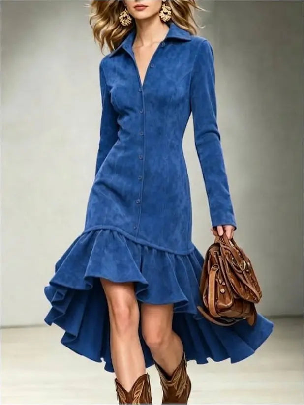 Faux Suede High-Low Shirt Dress – Ruffle Hem Button-Front Midi Dress