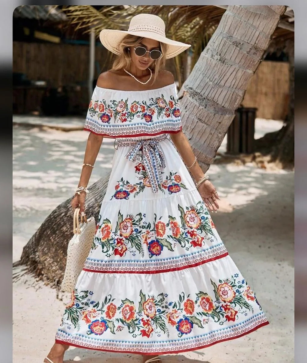 Off-shoulder Long Ruffled Peasant Dress