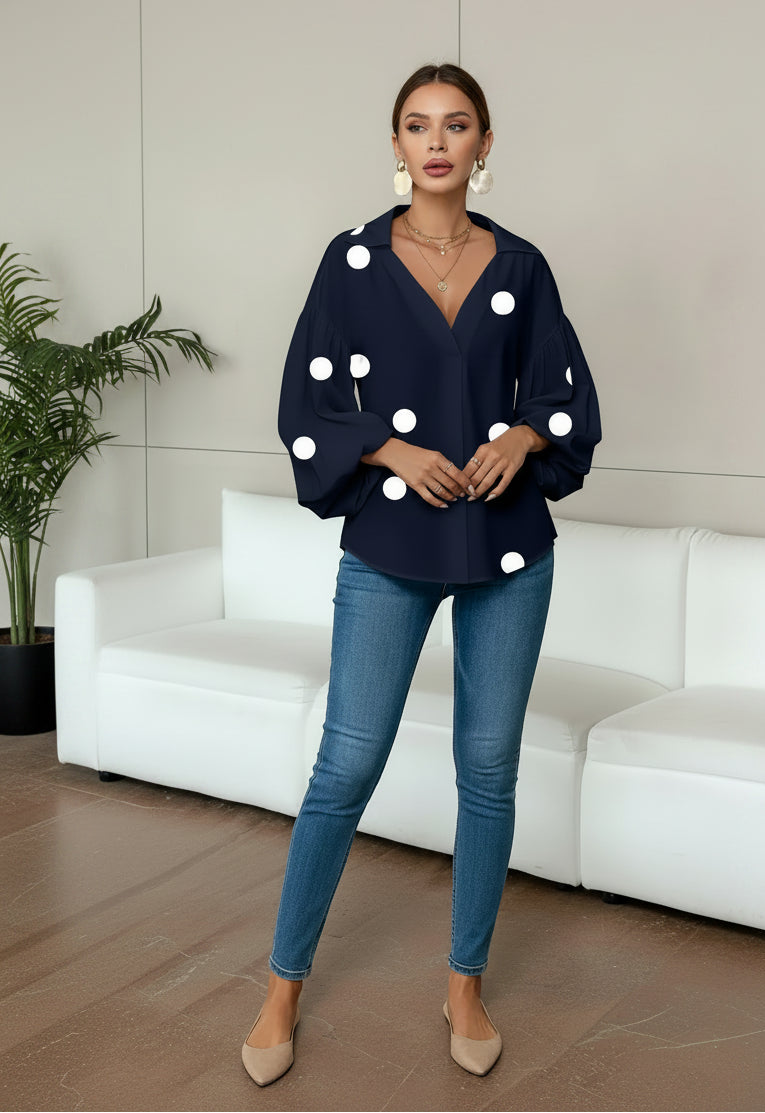 Boho Women's Blouses Spring Fall New Fashion French Polka Dot Half-neck Design Loose Puff Long-sleeve Top Casual Shirts Women Bazaare Mart