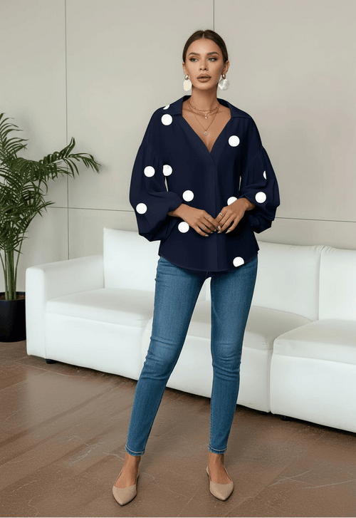 Women's Boho Polka Dot Blouse | French-Inspired Puff Sleeve Casual Top Bazaare Mart 3/4 Puff Sleeve V-Neck Blouse