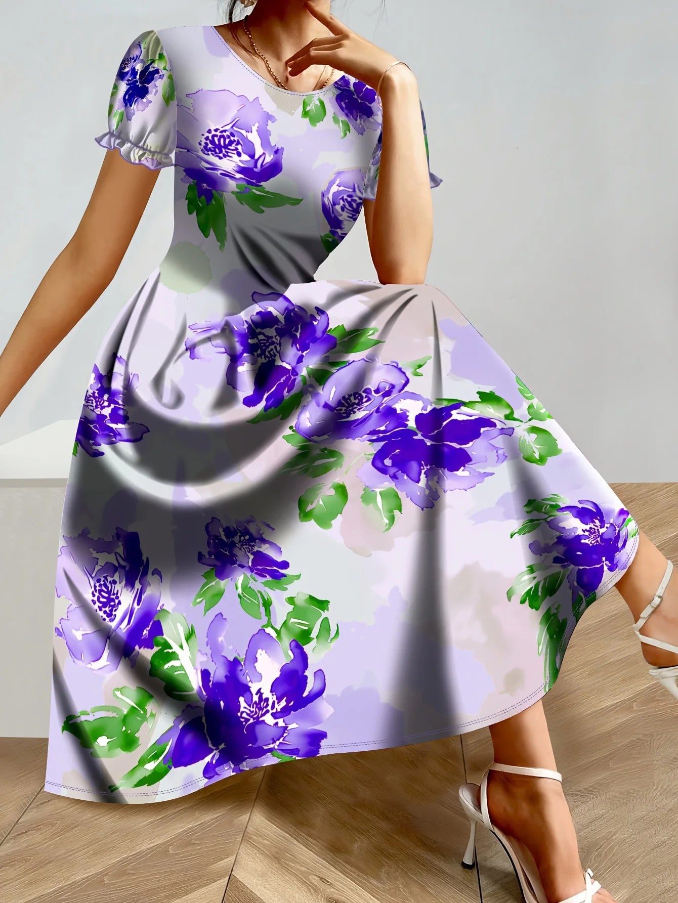 Short Sleeve Floral Midi Dress 441WD11JL20250722Y2 Bazaare Mart Midi Dresses