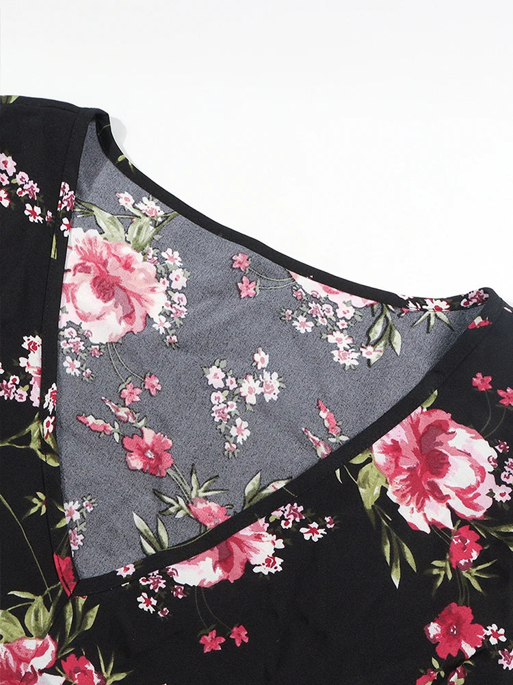 Elegant Black Floral V-Neck Long Sleeve Midi Dress Bazaare Mart Elegant Black Floral V-Neck Long Sleeve Midi Dress