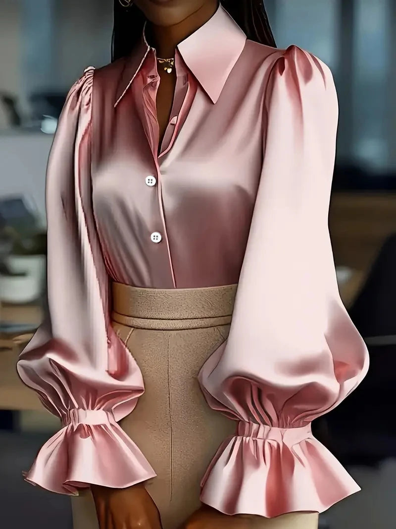 Fancy Satin Ruffled Cuff Long Puffed Sleeves Bazaare Mart Long Sleeve Button Up Blouse