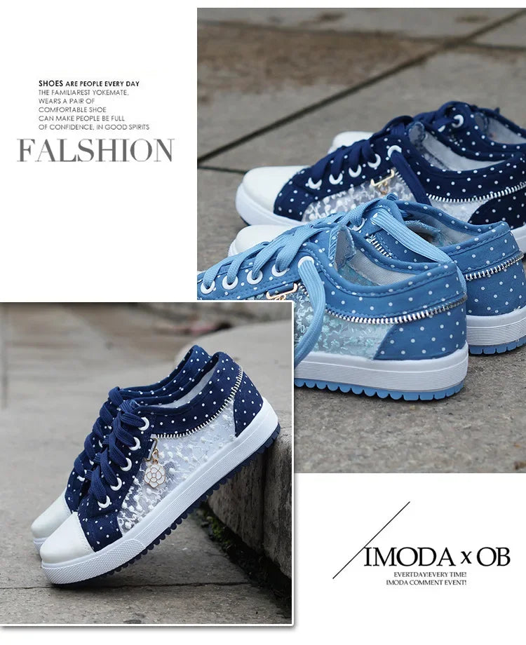 Unique Hollow Mesh Polka Dot Denim Sneakers