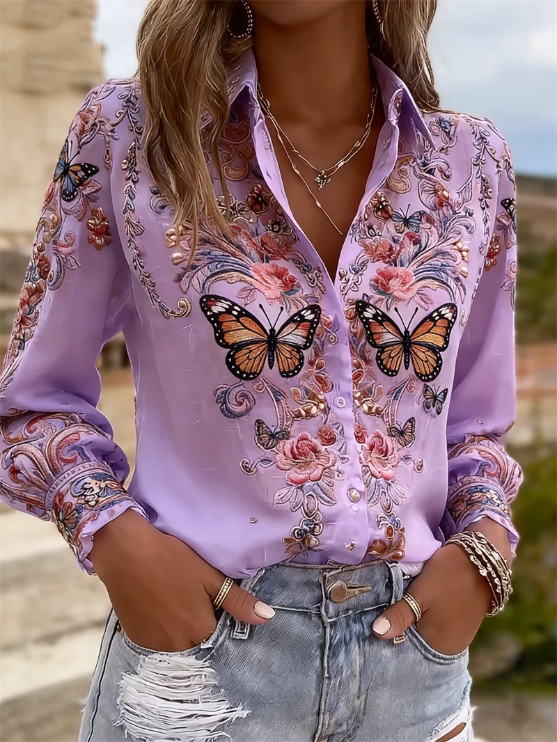Women’s 3D Floral Print Button-Up Shirt – Long Sleeve Branch Pattern Collared Blouse AO724 Bazaare Mart Blouses